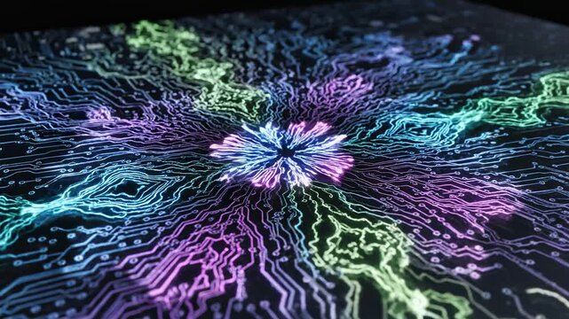 Seamless loop of abstract sonic waves radiating and mapping across a dark digital surface creating a pulsing geometric pattern and echoing signal dataflow, energy, modern