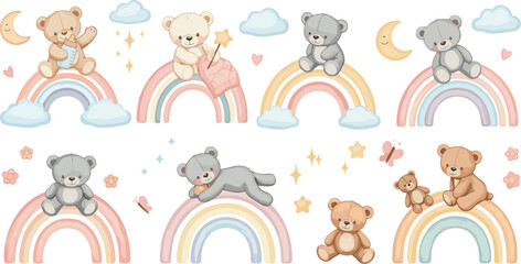 Fototapeta premium Cute Teddy Bear and Rainbow Illustration Set with Sleeping Bears, Clouds, Moon, Stars, and Soft Pastel Nursery Elements for Baby Designs