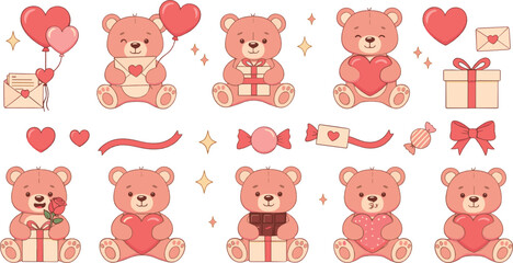 Fototapeta premium Cute teddy bears with hearts, gifts and love symbols, romantic Valentine’s Day characters, sweet cartoon design, colorful flat vector illustration set