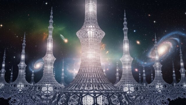 Futuristic cosmic cityscape featuring towering sci-fi structures amidst a starry universe with