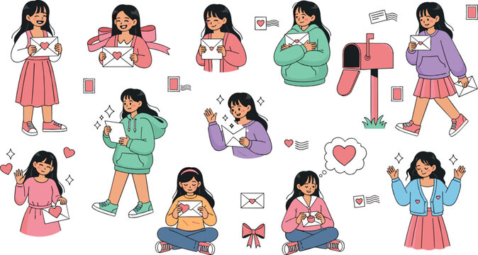 Cute teenage girl sending and receiving letters, modern pen pal and mailbox scenes, friendship and love communication concept, colorful flat vector illustration set