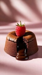 Molten chocolate lava cake with flowing center and fresh raspberry, gourmet dessert on pink pastel background, elegant culinary photography style.