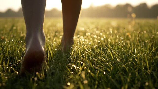 Barefoot walking on wet grass at sunrise, dew drops sparkle in golden light.