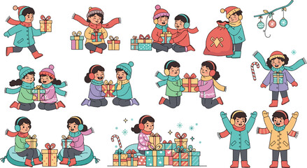 Fototapeta premium Cute Winter Kids Illustration Set with Children Sharing Gifts, Playing Together, Wearing Warm Clothes, and Celebrating Christmas Holiday Moments