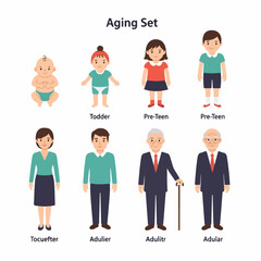 Fototapeta premium Vector illustration set depicting the complete human life cycle and aging process, from infancy through adulthood to old age.