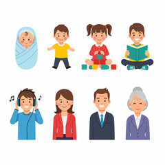 Obraz premium Human life stages and generations vector illustration set, featuring baby, children, teenagers, adults, and senior people in diverse activities.