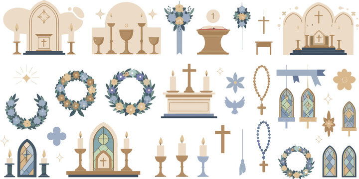 Elegant First Communion Catholic Icon Set with Altar, Chalice, Cross, Rosary, Church Window, Candles and Floral Wreaths
