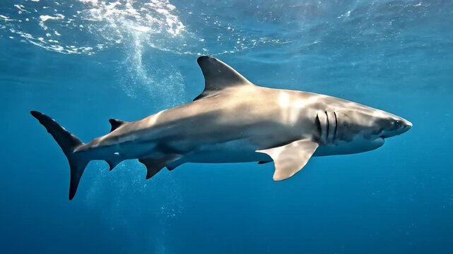 A large gray shark swims underwater in ocean with sunlight filtering through the waves in the background, possibly for educational or conservation use