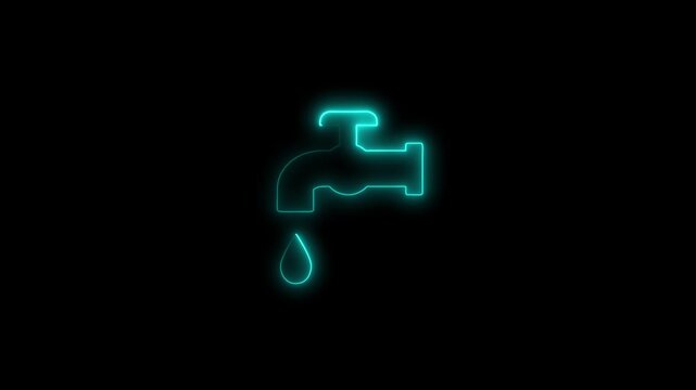 Water tap with a falling water drop icon isolated on black background. Single water drop close-up falling into calm water with beautiful ripple waves.