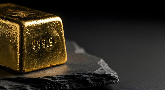 Gold bullion bar with 999.9 purity stamp sitting on dark slate stone surface against black background for finance, investment, and wealth management concepts