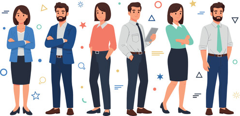 Modern business people character set with men and women in smart casual outfits, professional poses, flat vector illustration for corporate and office design