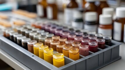 Obraz premium Rows of small glass jars filled with colorful samples and pigments in a laboratory tray