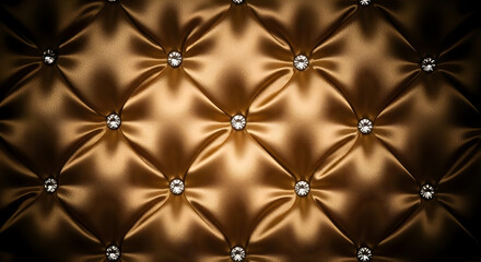 Naklejka premium Luxury Gold Tufted Leather Background with Diamond Crystal Buttons, Elegant Upholstered Satin Fabric Texture for Premium Interior Design and Glamorous Backdrop
