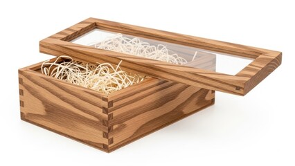 Wooden box with transparent lid containing string, isolated on white background