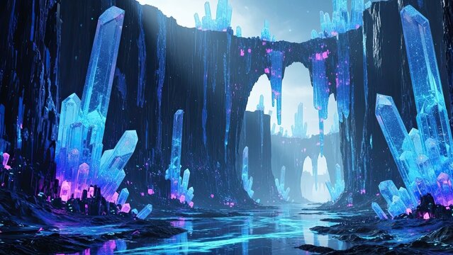Fantastical icy cavern with luminous crystal formations and shimmering ice walls