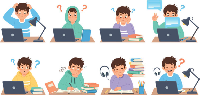 Young student studying at desk with laptop and books, learning emotions from confusion to success, online education and homework concept, flat vector illustration set