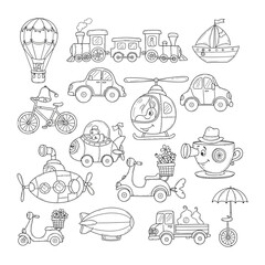 Transport Line Art: A whimsical collection of various transport vehicles, each meticulously depicted in a charming line art style, perfect for illustrating diverse travel themes. © MahfujaSultana
