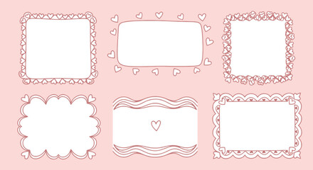 A collection of six hand-drawn decorative frames with a pink background, featuring heart motifs and intricate borders, perfect for invitations or scrapbooking.