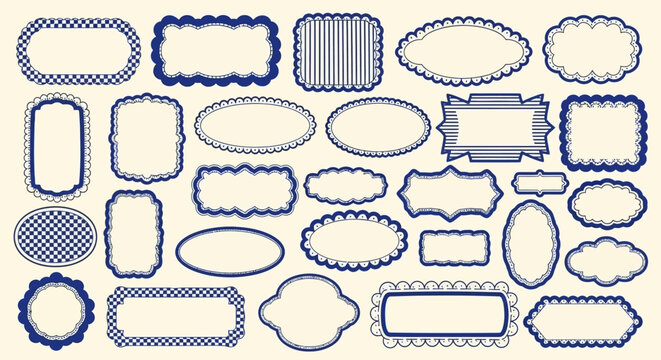Collection of decorative blue and white frames and borders with various shapes and patterns.