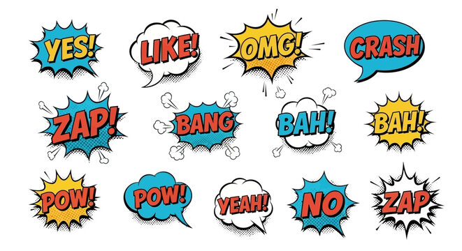 A collection of comic book style speech bubbles with various exclamations like YES, LIKE, OMG, CRASH, ZAP, BANG, BAH, POW, and YEAH.