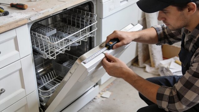 Male technician repairing dishwasher in modern kitchen, close view of hands using tool for appliance maintenance, practical home service mood, spring cleaning routine