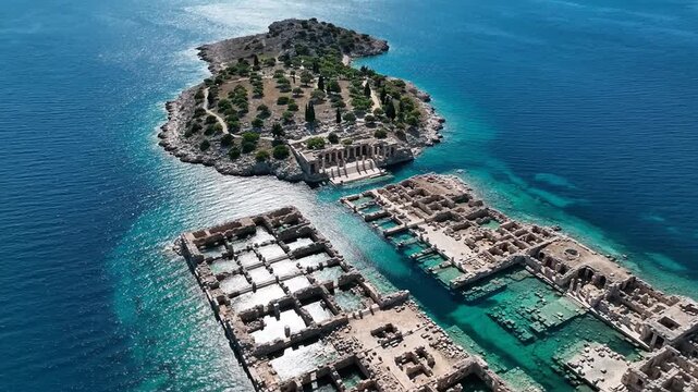 Aerial drone view of the ancient sunken city of Kekova in Antalya Turkey.