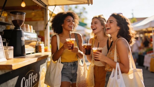 Three young women friends laugh at an outdoor coffee stall, holding iced drinks and tote bags, summer market lifestyle, candid social joy for travel and leisure