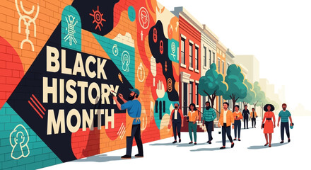 A vibrant mural celebrating Black History Month is painted on a brick wall, with diverse people walking past on a sunny street. © Jonan