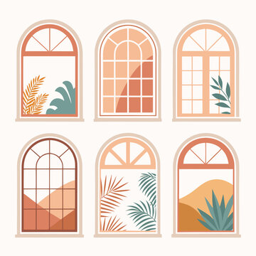Collection of arched windows with various designs and tropical plants viewed from outside in a modern architectural setting