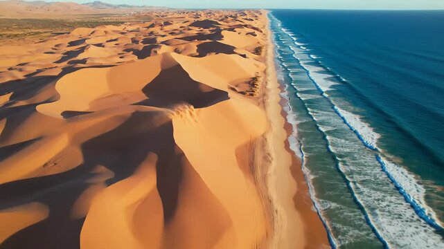 Aerial View of the Namib Desert Sand Dunes Meeting the Atlantic Ocean Coastline.