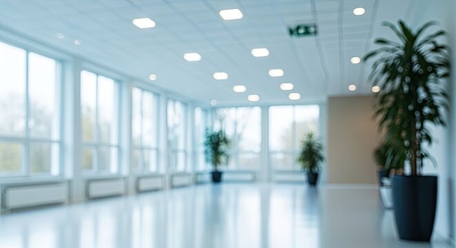 Modern office interior with plants and large windows