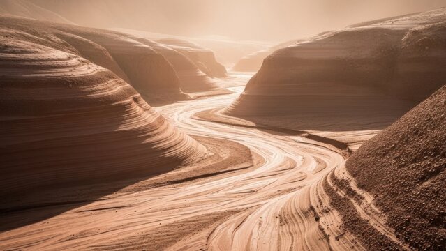 Eroded canyon landscape with winding dry riverbed under warm hazy sky