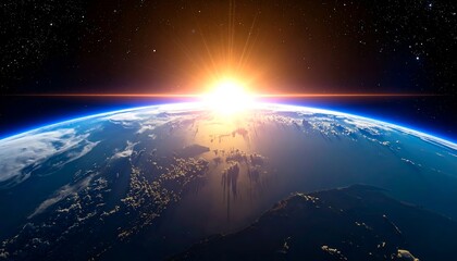 Fototapeta premium Sunrise over Earth, illuminating the atmosphere and stars in outer space