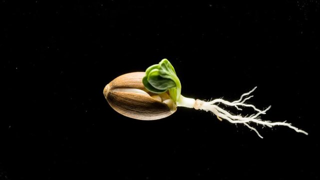 Close-up of sprouting seed with roots on black background