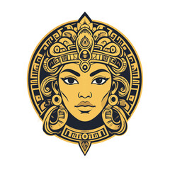 a golden medusa head looking forward with a Mayan Border 