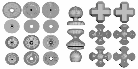 Variety of patterned cylindrical and cruciform shapes in grayscale
