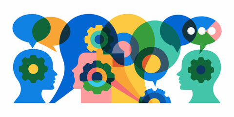 Overlapping silhouettes of heads with speech bubbles and gears