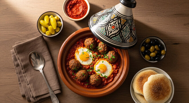 Overhead Moroccan kefta tagine with eggs, olives, bread, and sauce
