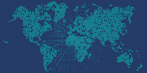 A digital world map composed of teal pixelated rectangles on a dark blue background
