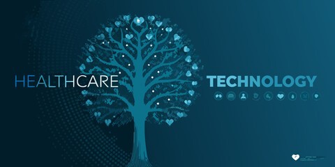Healthcare technology concept a tree formed of hearts and medical icons