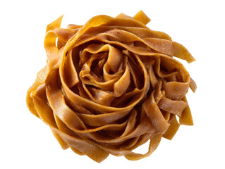 A close-up shot of a spiral arrangement of fresh, uncooked pasta. The pasta has a warm, inviting golden-brown hue and a textured surface. Isolated Transparent Background, PNG