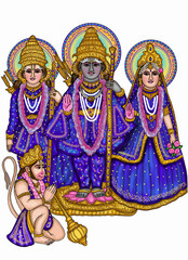 hand drawn digital art of lord ram with sita , lakshman & hanuman