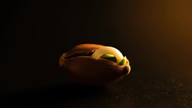 Single roasted peanut on dark background with warm lighting