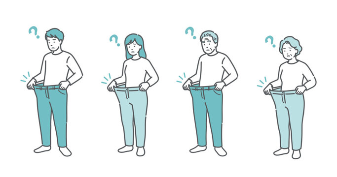 急激に痩せてズボンがブカブカになった老若男女のイラストセット（体重減少・糖尿病・全世代）