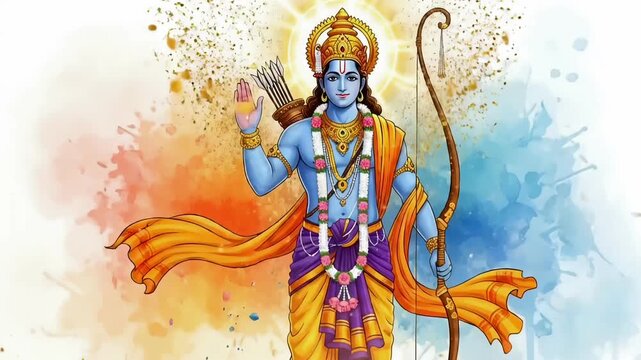 Flowing visual scene portraying Shri Ram in divine motion with radiant aura and blessing pose reflecting faith devotion and Ram Navami cultural celebration