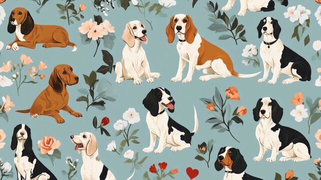 Pattern of illustrated dogs and pink flowers on a pale background, charming repeat wallpaper design