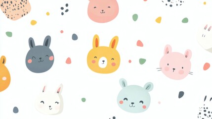 Obraz premium Seamless whimsical pattern of cute hand-drawn animal faces and hearts on white background, pastel yellow, pink and black accents