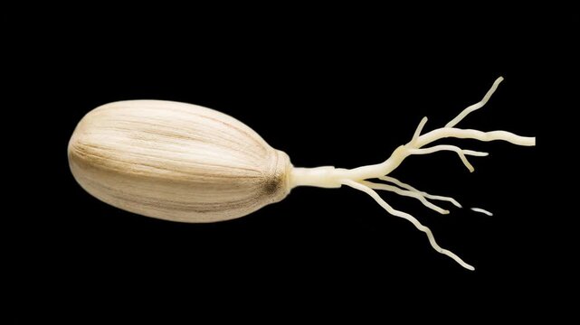 Sprouting potato tuber with root on black background
