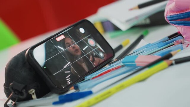 smartphone propped on pencil case showing student on video call colorful pens, pencils and notebook scattered across desk, casual study setup, remote learning vibe with focused rehearsal and candid