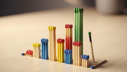 Colorful wooden matchsticks arranged in a rising bar chart formation symbolizing business growth strategy and financial performance visualization concept